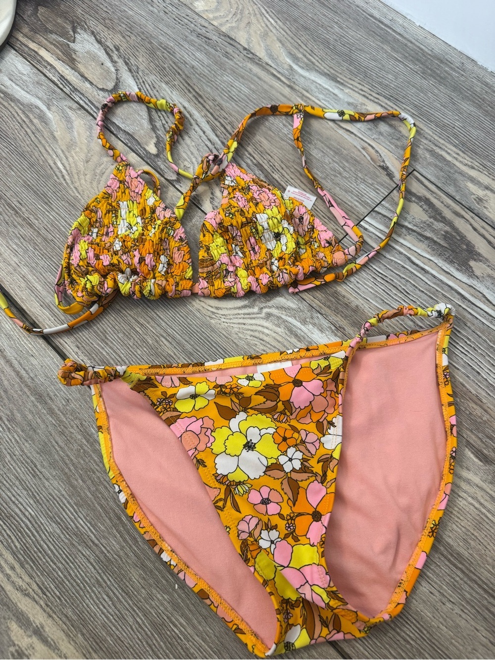 Xhilaration Yellow Pink Orange Floral String Bikini - Picture 2 of 5
